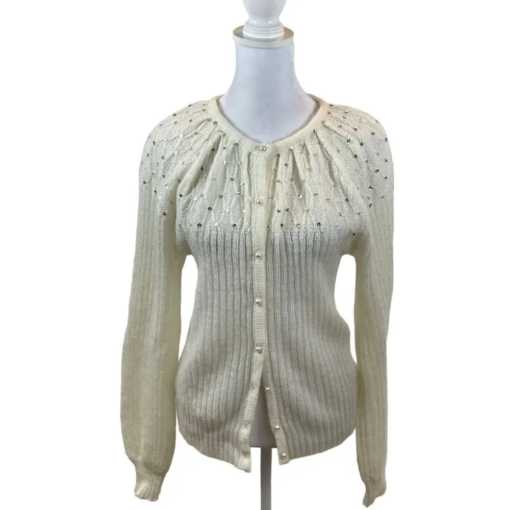 Vintage Ivory Button Front Cardigan With Silver Sequin detail Size Large